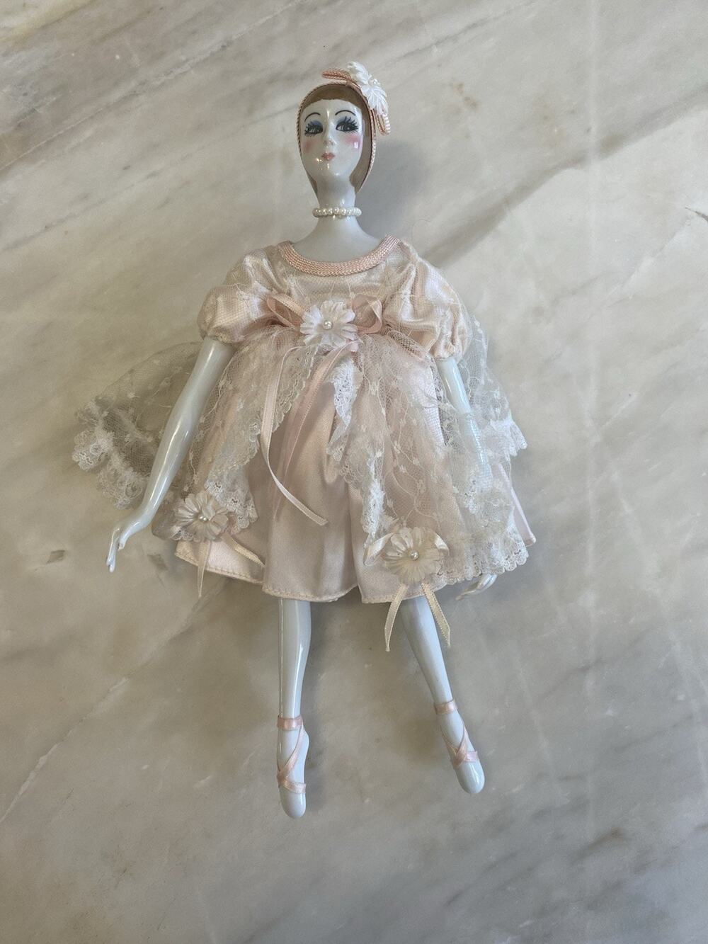 Vintage 1930s Porcelain Ballerina Doll Pink Lace dress pearls 16” flapper